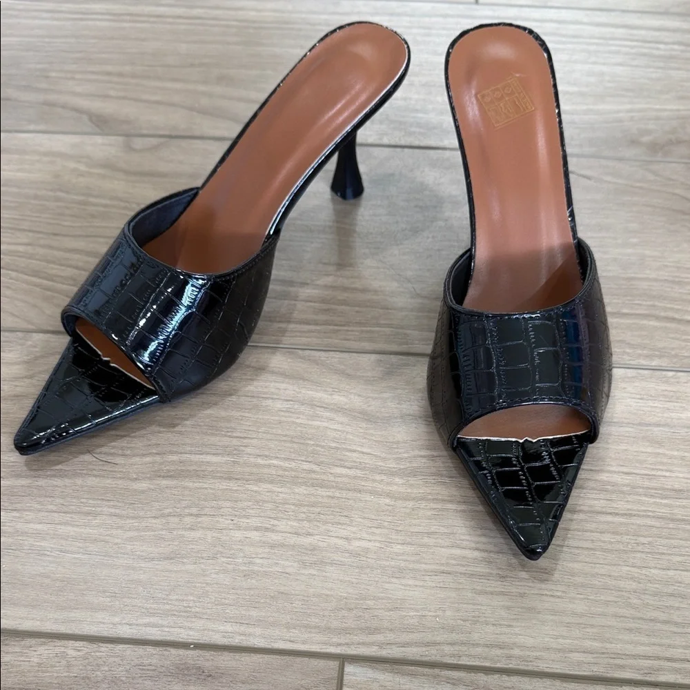 SHEIN Black Croc-Embossed Pointed Toe Mule Heels